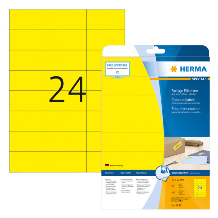 Etiket HERMA 4466 70x37mm verwijderbaar geel 480stuks