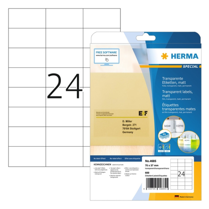 Etiket HERMA 4685 70x37mm transparant 600stuks