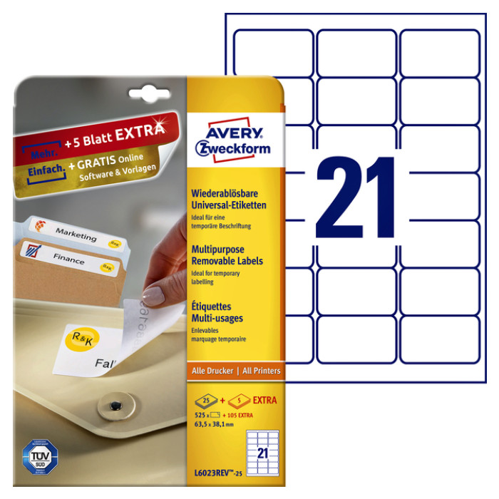 Etiket Avery Zweckform L6023REV-25 63.5x38.1mm afneembaar wit 525stuks