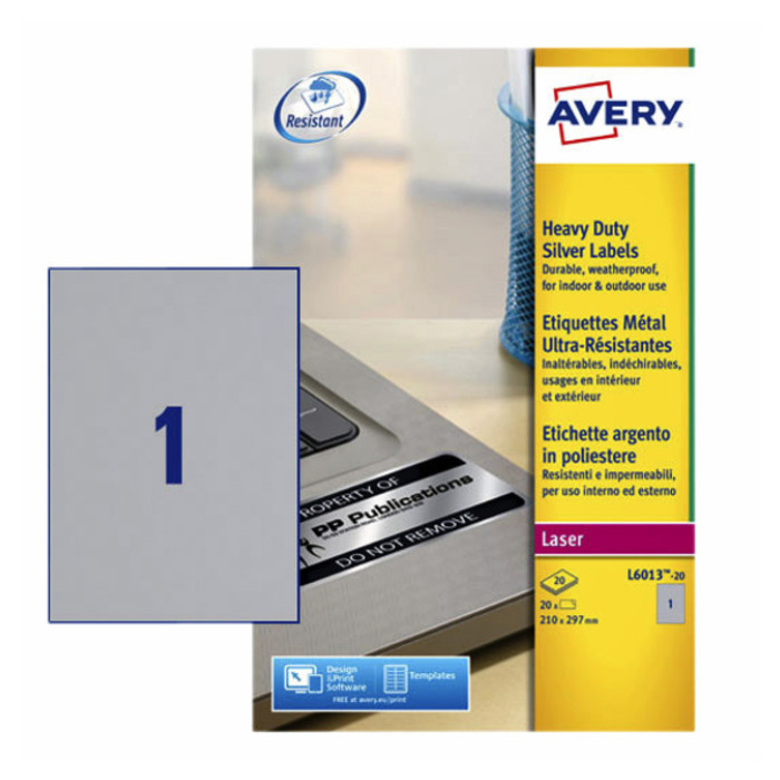 Etiket Avery L6013-20 210x297mm zilver 20 etiketten