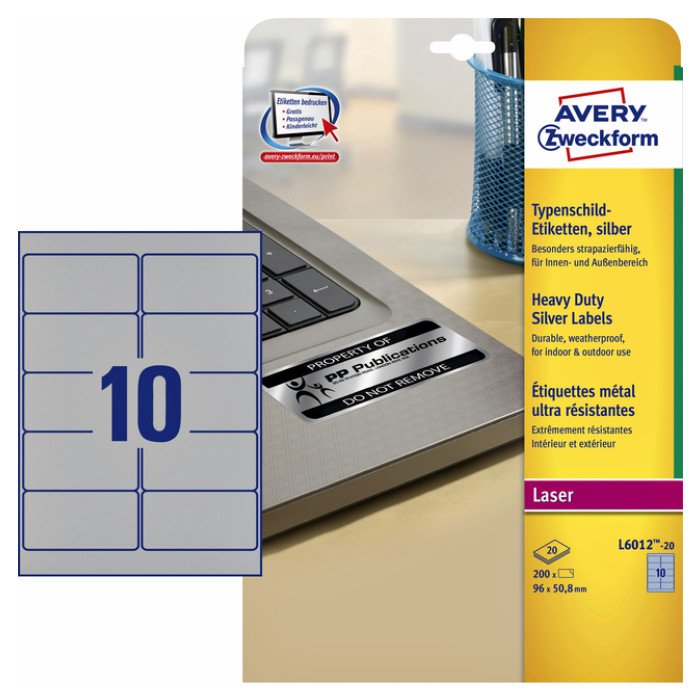 Etiket Avery Zweckform L6012-20 96x50.8mm zilver 200stuks