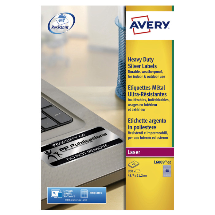 Etiket Avery L6009-20 45.7x21.2mm zilver 960 etiketten