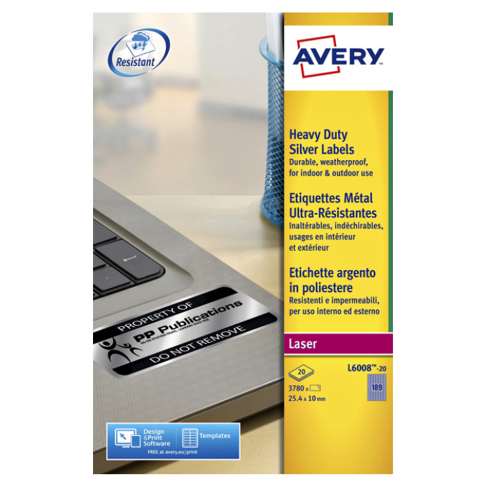 Etiket Avery L6008-20 25.4x10mm zilver 3780 etiketten