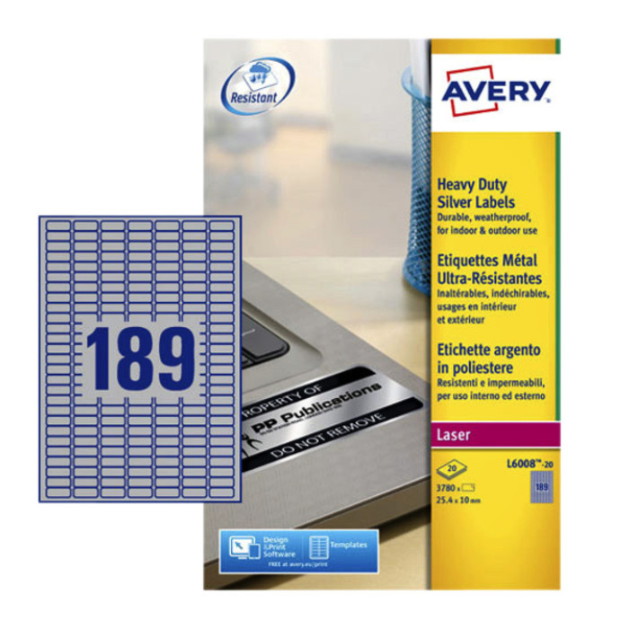 Etiket Avery L6008-20 25.4x10mm zilver 3780 etiketten