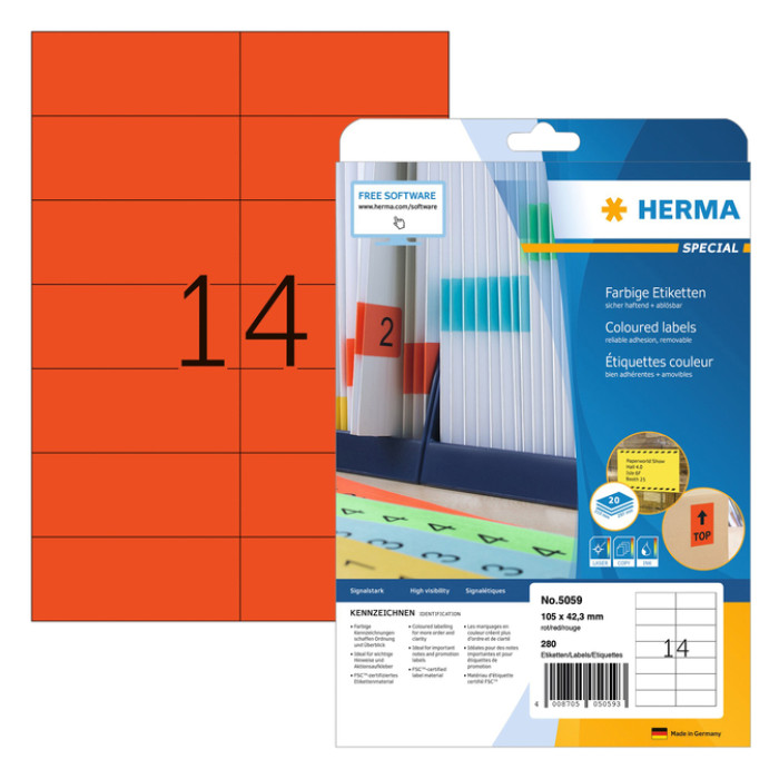 Etiket HERMA 5059 105x42.3mm verwijderbaar rood 280stuks