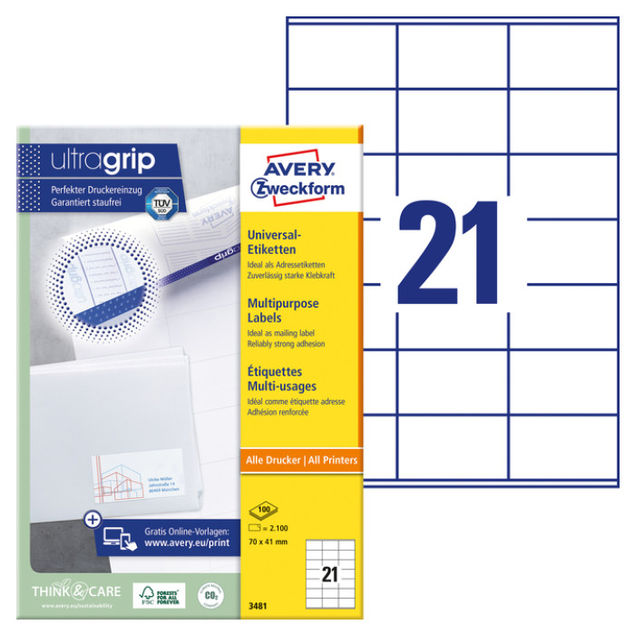 Etiket Avery Zweckform 3481 70x41mm wit 2100stuks
