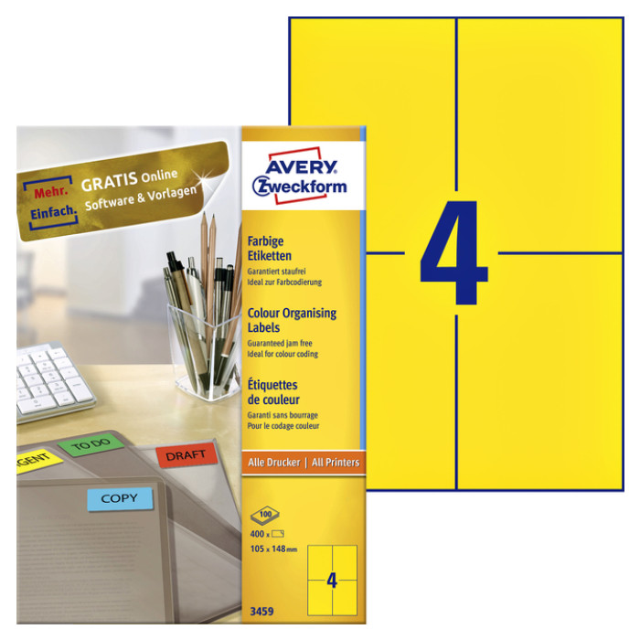 Etiket Avery Zweckform 3459 105x148mm A6 geel 400stuks
