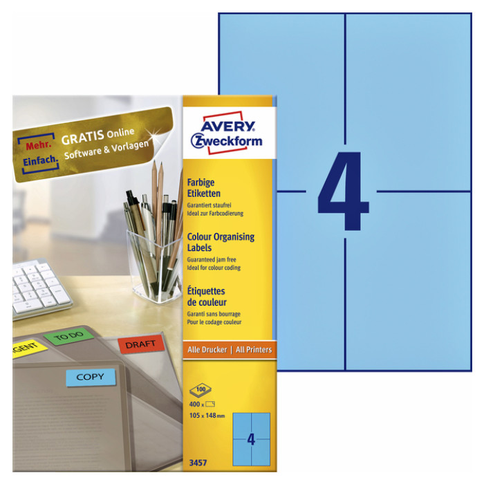 Etiket Avery Zweckform 3457 105x148mm A6 blauw 400stuks