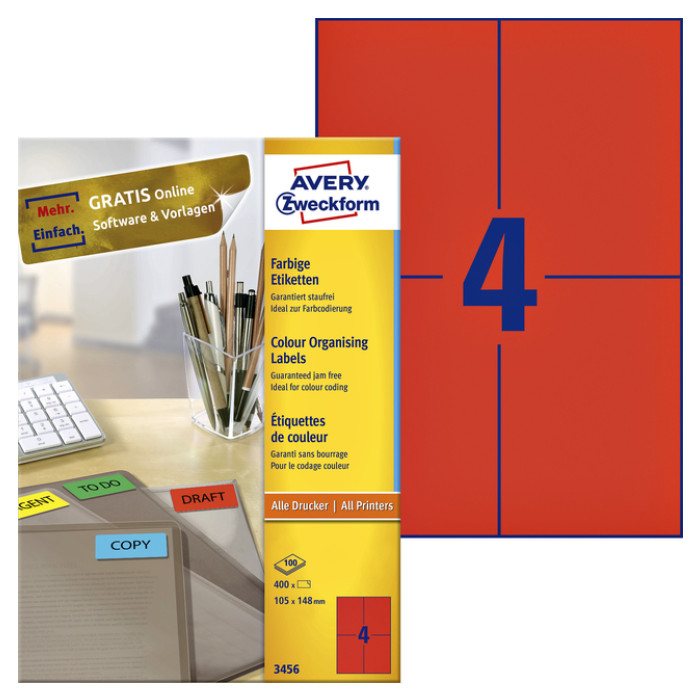 Etiket Avery Zweckform 3456 105x148mm A6 rood 400stuks