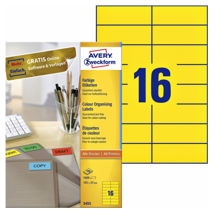 Etiket Avery Zweckform 3455 105x37mm geel 1600stuks