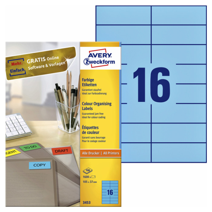 Etiket Avery Zweckform 3453 105x37mm blauw 1600stuks