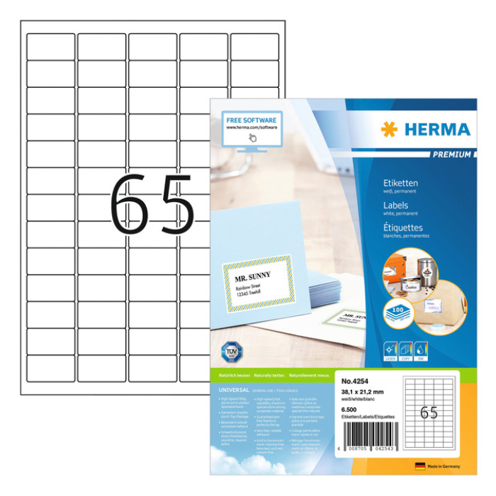Etiket HERMA 4254 38.1x21.2mm premium wit 6500stuks