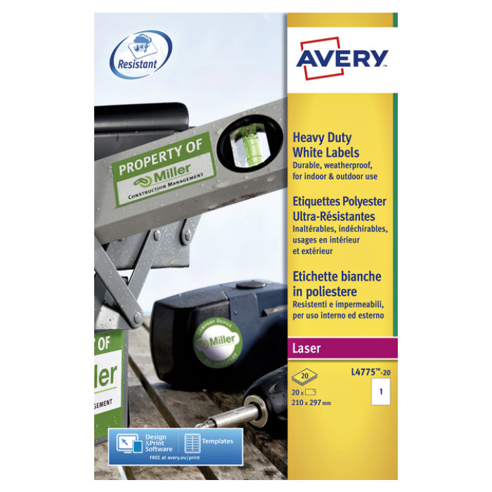 Etiket Avery L4775-20 210x297mm polyester wit 20 etiketten