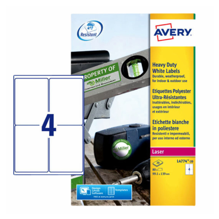 Etiket Avery L4774-20 99.1x139mm polyester wit 80 etiketten