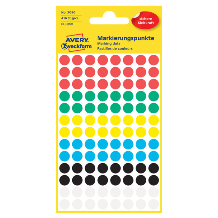 Etiket Avery Zweckform 3090 rond 8mm assorti 416 etiketten