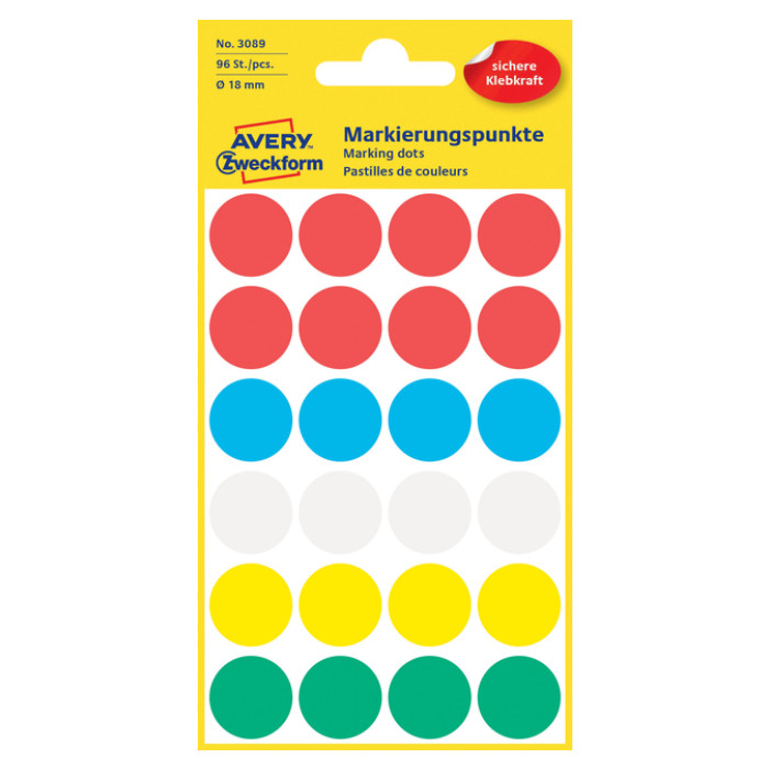 Etiket Avery Zweckform 3089 rond 18mm assorti 96stuks