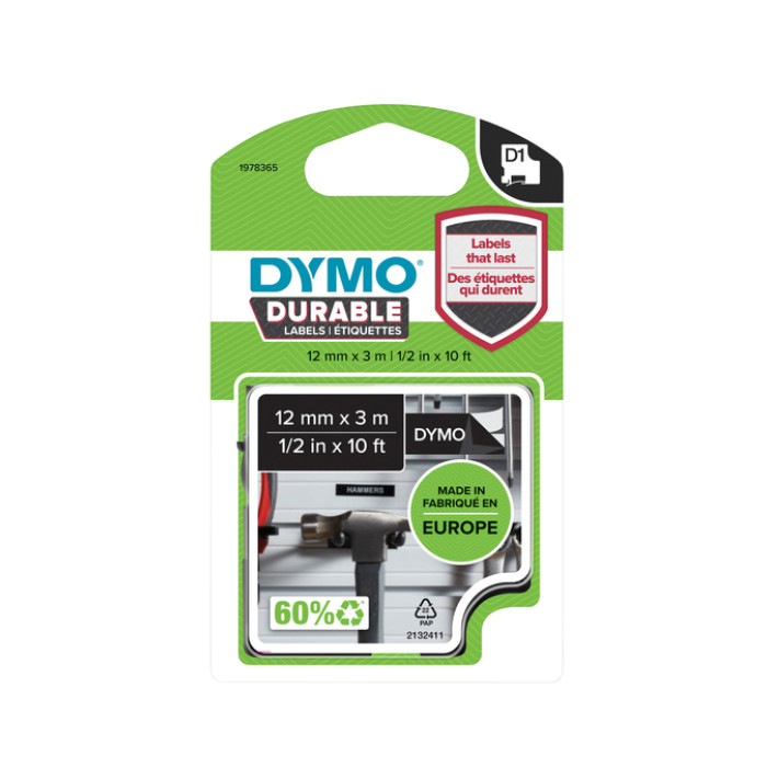 Labeltape Dymo LabelManager D1 polyester 12mm wit op zwart