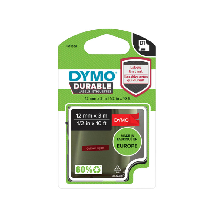 Labeltape Dymo LabelManager D1 polyester 12mm wit op rood