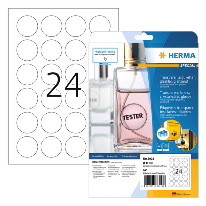 Etiket HERMA 8023 40mm rond transparant 600 etiketten