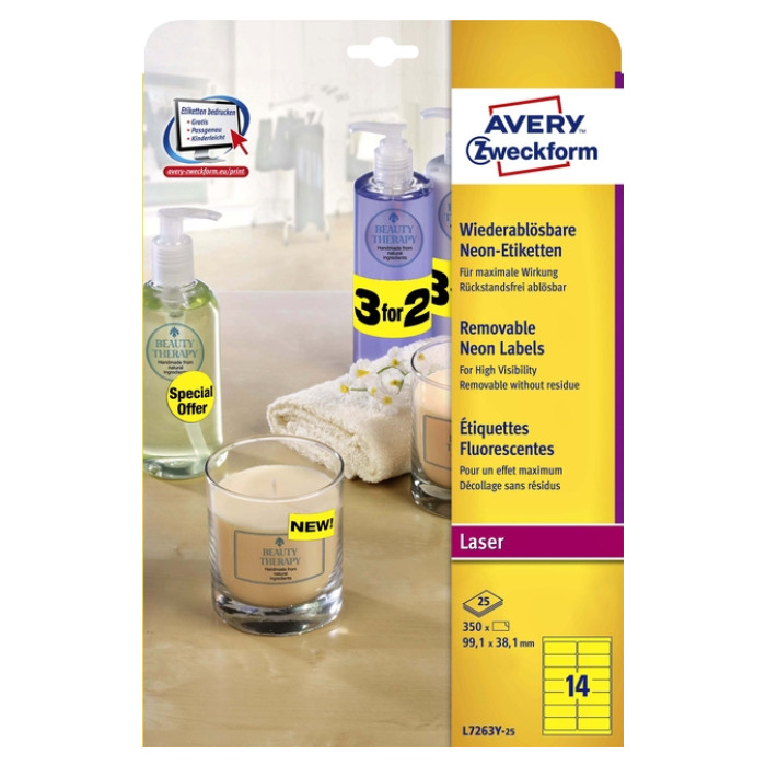 Etiket Avery L7263Y-25 99.1x38.1mm neon geel 350 etiketten