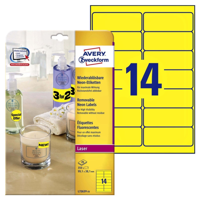 Etiket Avery L7263Y-25 99.1x38.1mm neon geel 350 etiketten