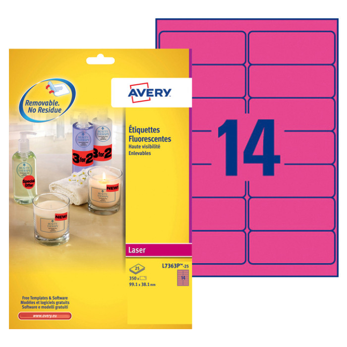Etiket Avery L7363P-25 99.1x38.1mm neon roze 340 etiketten