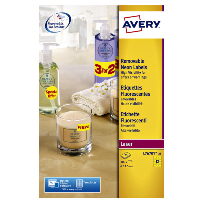 Etiket Avery L7670-25 63.5mm rond neon geel 300 etiketten