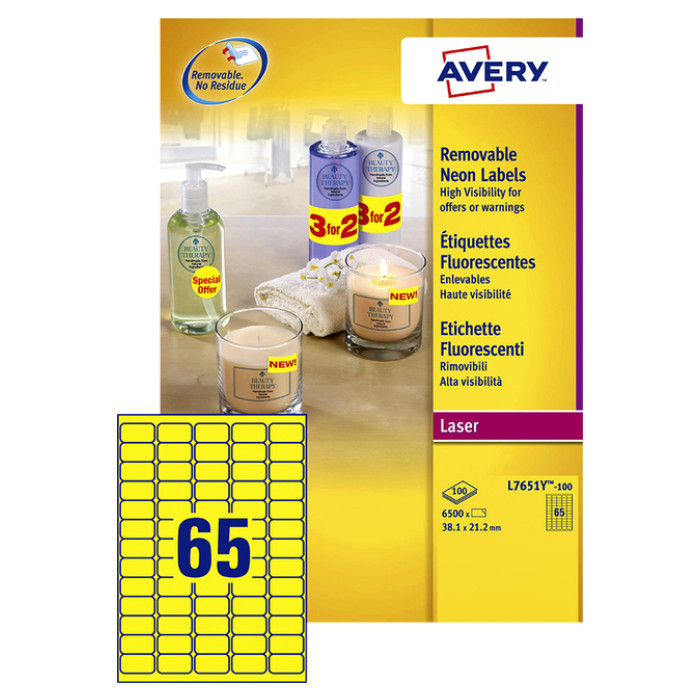 Etiket Avery L7651Y-100 38.1x21.2mm neon geel 6500 etiketten