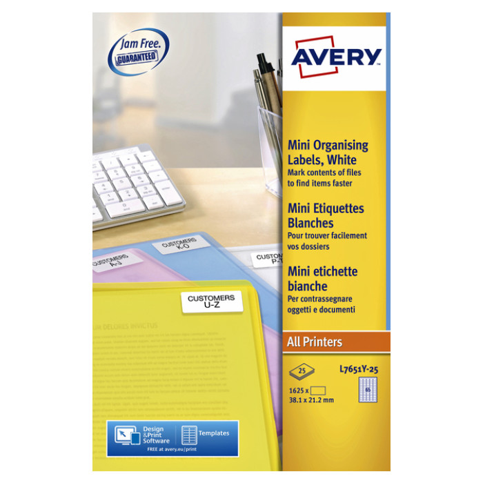 Etiket Avery L7651Y-25 38.1x21.2mm neon geel 1625 etiketten