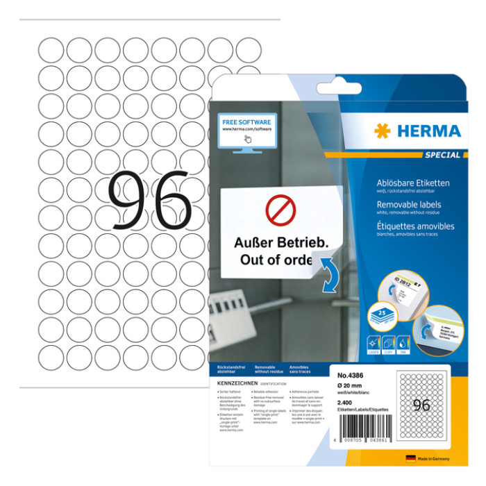 Etiket HERMA 4386 20mm verwijderbaar wit 2400 etiketten