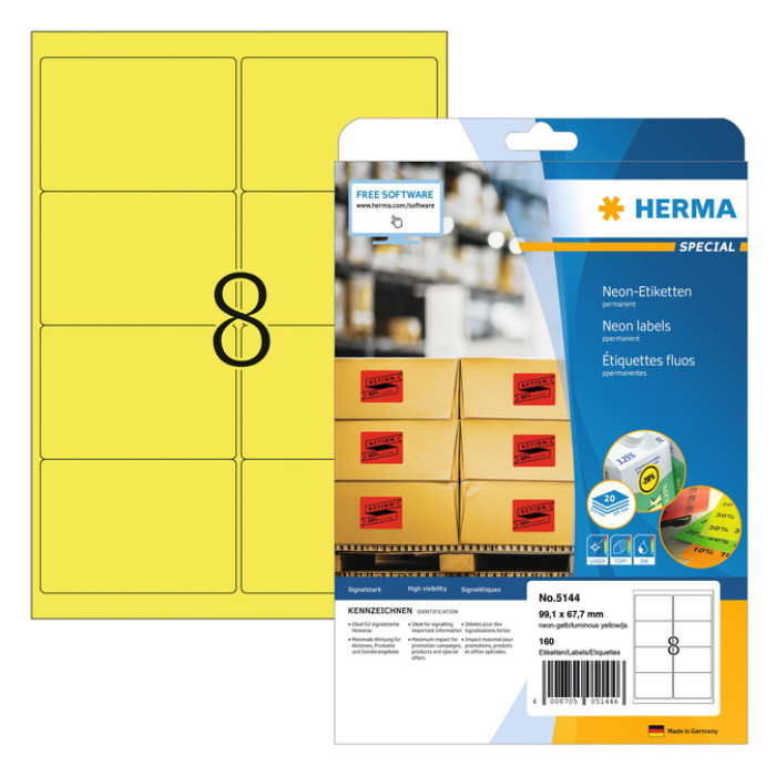 Etiket HERMA 5144 99.1x67.7mm neongeel 160stuks