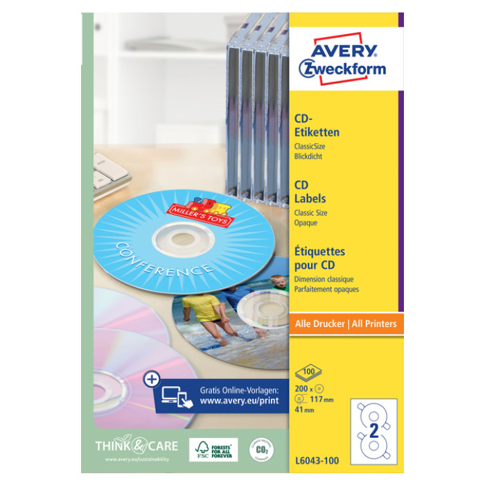 Etiket Avery Zweckform L6043-100 CD wit 200stuks