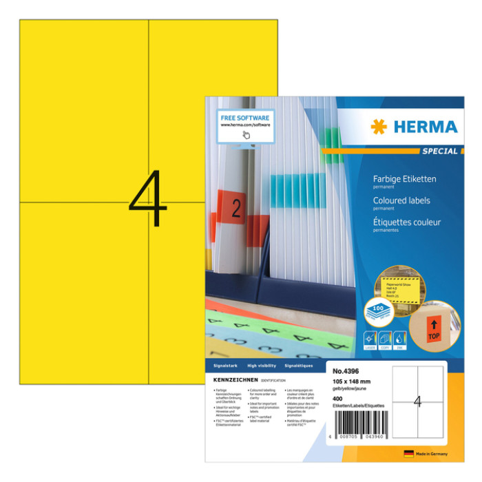 Etiket HERMA 4396 105x148mm A6 geel 400stuks