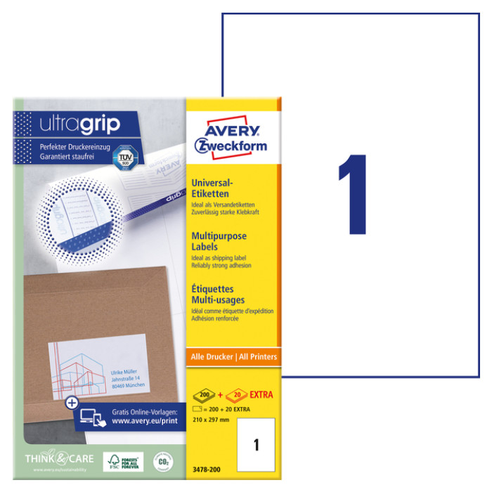 Etiket Avery Zweckform 3478-200 210x297mm A4 wit 200stuks