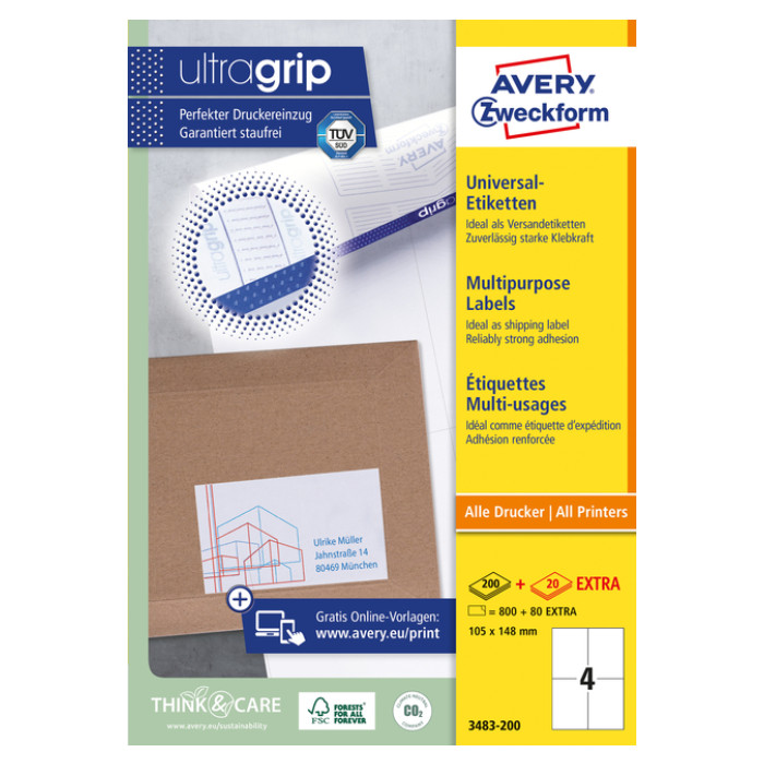 Etiket Avery Zweckform 3483-200 105x148mm A6 wit 800stuks