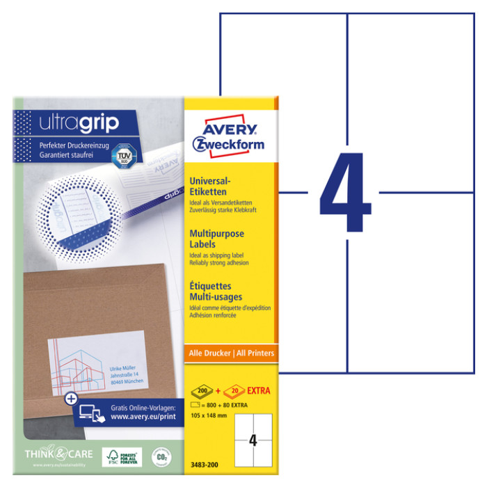 Etiket Avery Zweckform 3483-200 105x148mm A6 wit 800stuks