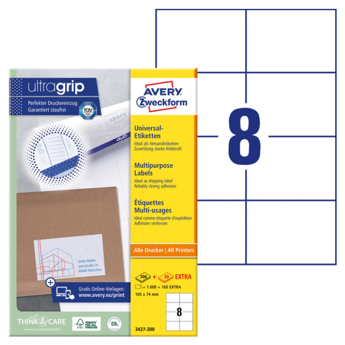 Etiket Avery Zweckform 3427-200 105x74mm wit 1600stuks