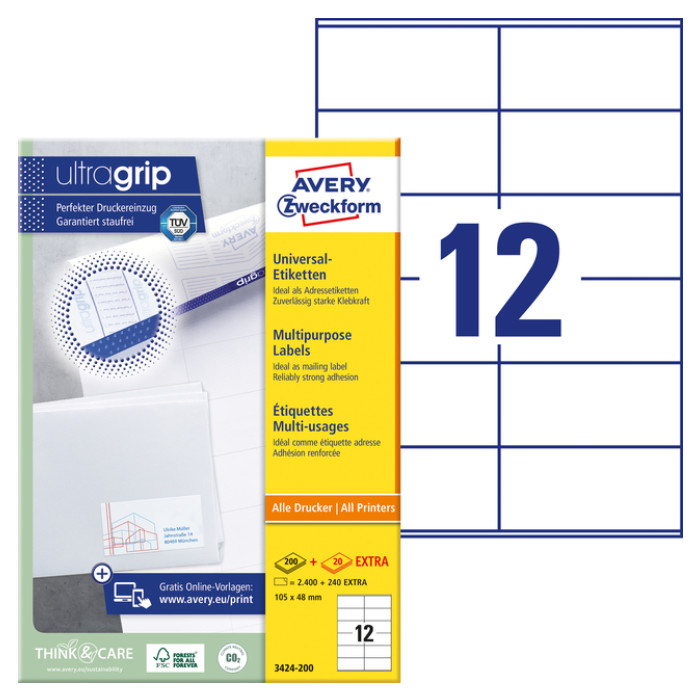Etiket Avery Zweckform 3424-200 105x48mm wit 2400stuks