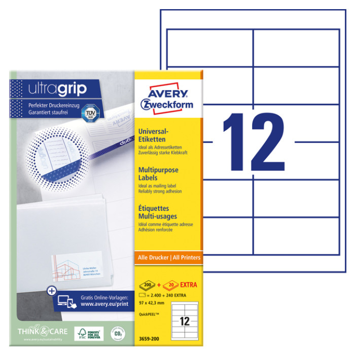 Etiket Avery Zweckform 3659-200 97x42.3mm wit 2400stuks