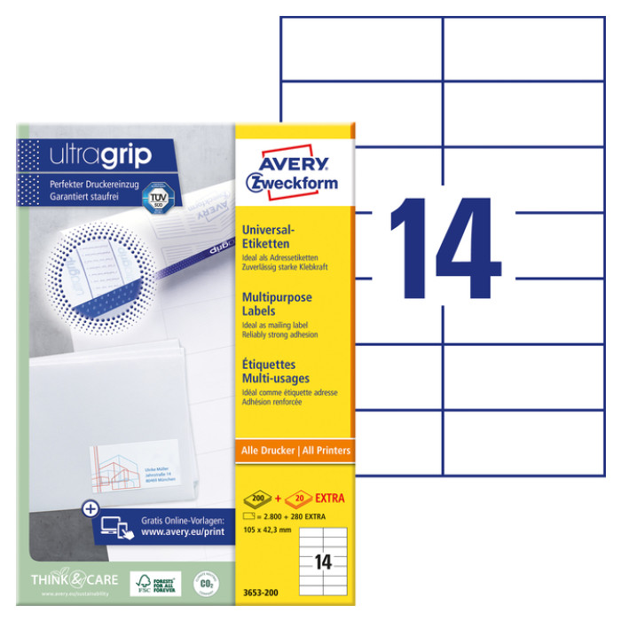 Etiket Avery Zweckform 3653-200 105x42.3mm wit 2800stuks