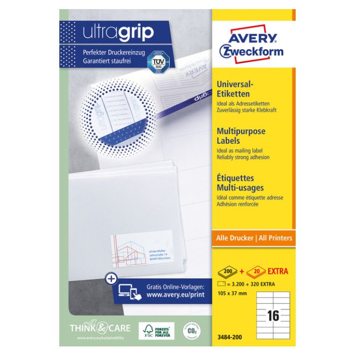 Etiket Avery Zweckform 3484-200 105x37mm wit 3200stuks