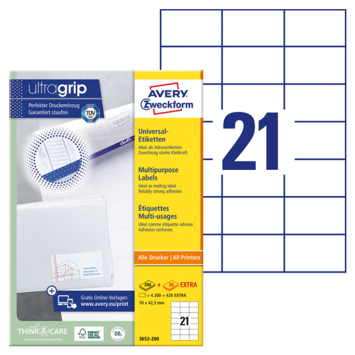 Etiket Avery Zweckform 3652-200 70x42.3mm wit 4200stuks