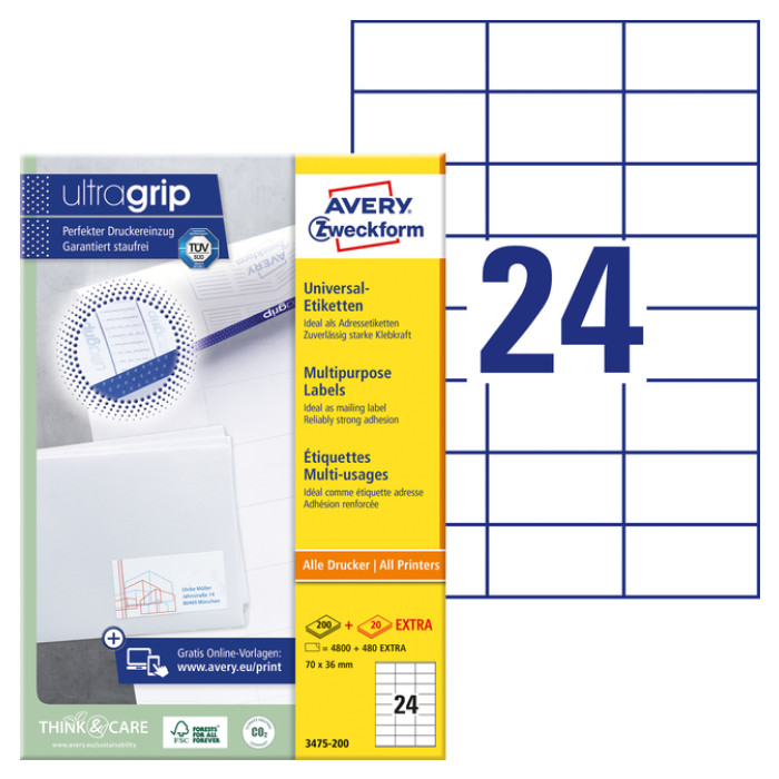 Etiket Avery Zweckform 3475-200 70x36mm wit 4800stuks