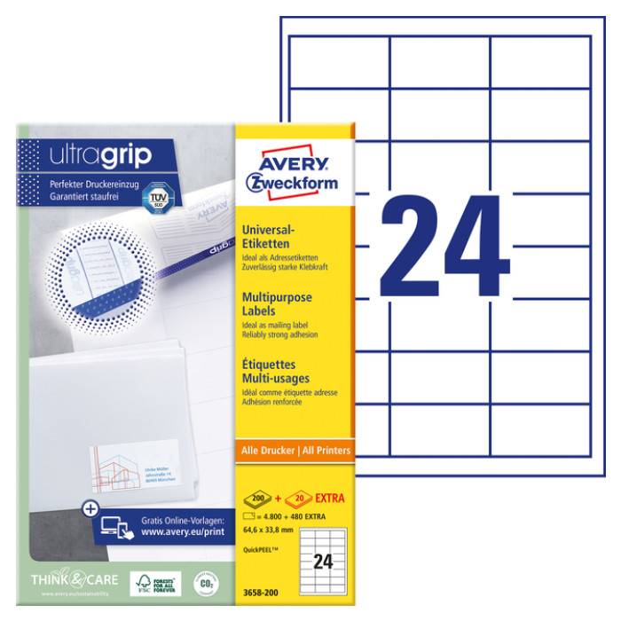 Etiket Avery Zweckform 3658 64.6x33.8mm wit 4800stuks