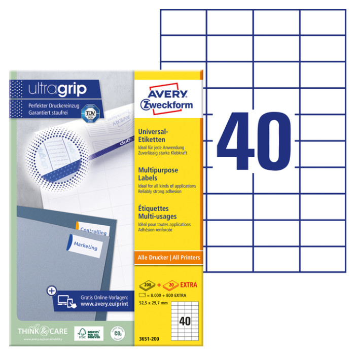 Etiket Avery Zweckform 3651-200 52.5x29.7mm wit 8000stuks