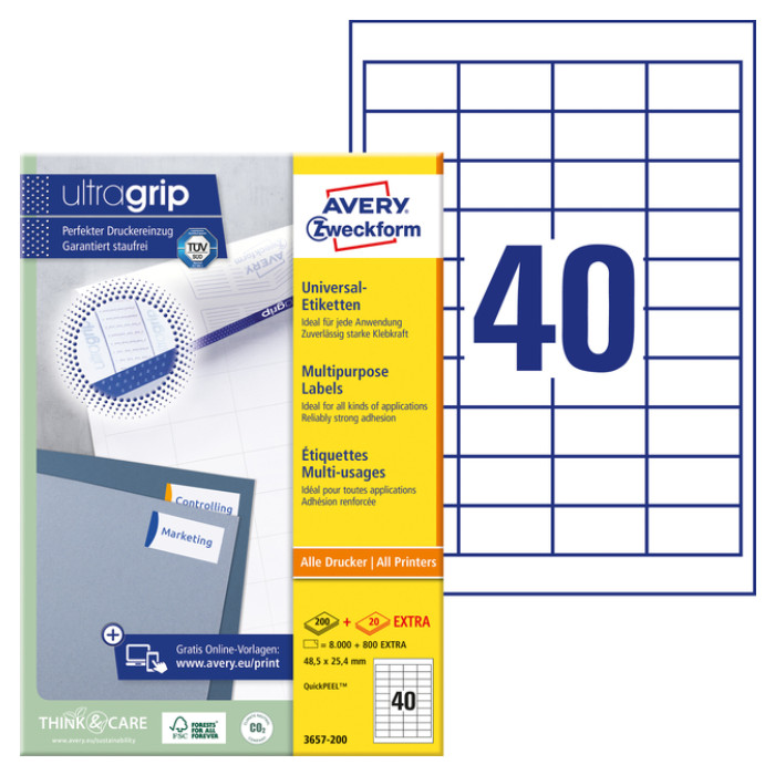 Etiket Avery Zweckform 3657-200 48.5x25.4mm wit 8000stuks