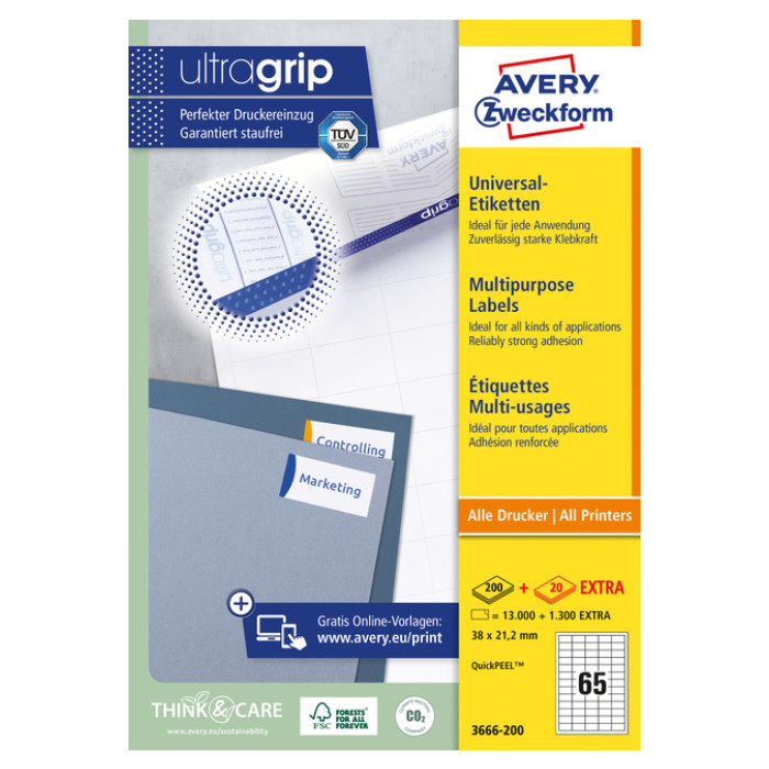 Etiket Avery Zweckform 3666-200 38x21.2mm wit 13000stuks