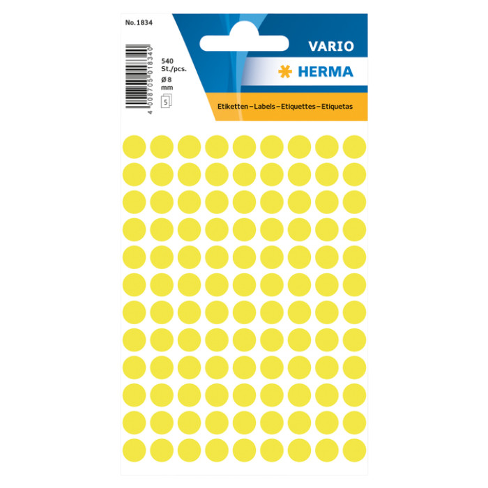 Etiket HERMA 1834 rond 8mm fluor geel 540stuks