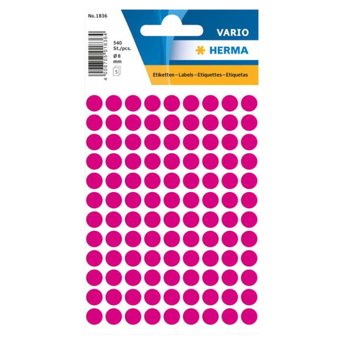 Etiket HERMA 1836 rond 8mm roze 540 etiketten