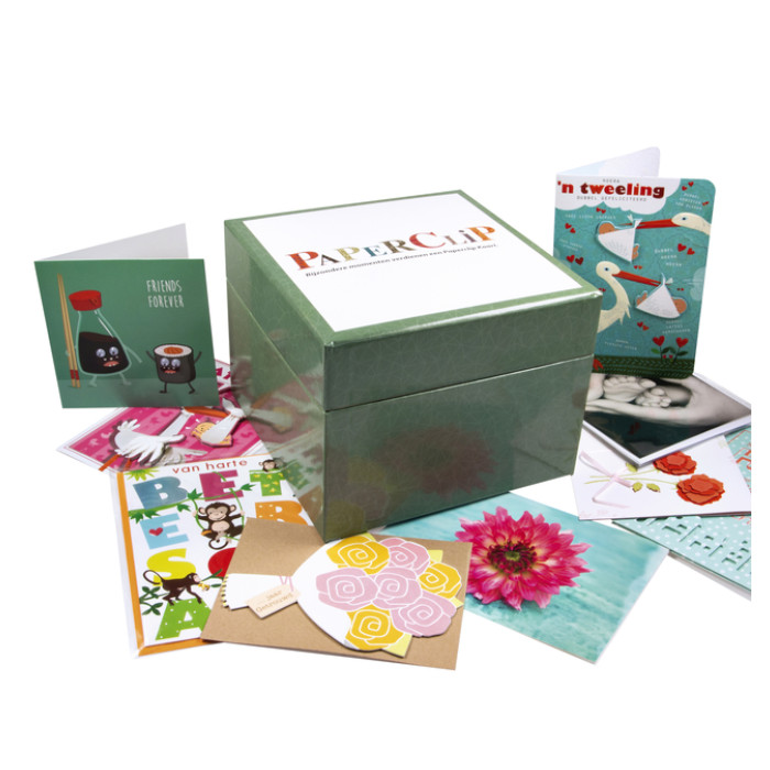 Wenskaartenbox Paperclip diverse thema's 75 kaarten